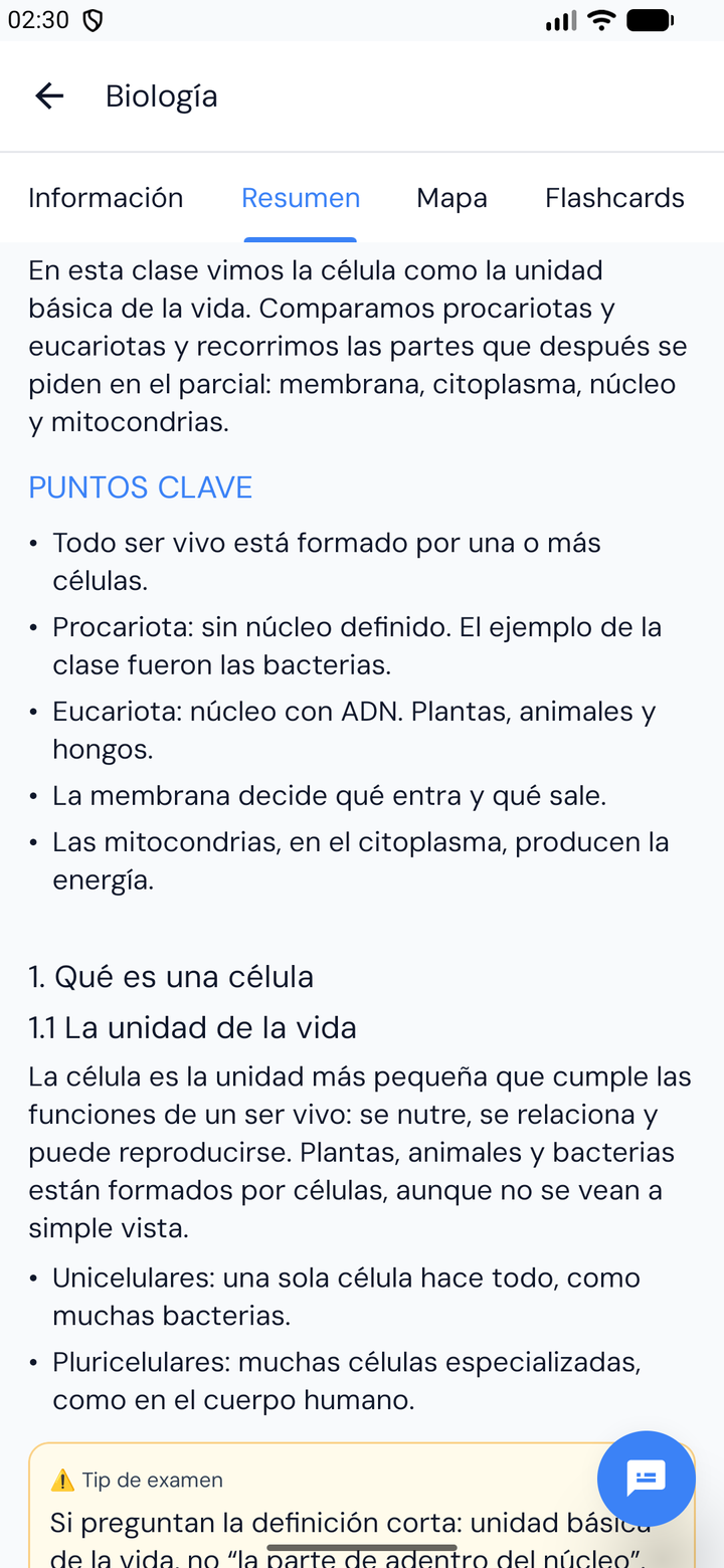 Pantalla de ROBI mostrando el resumen de una clase organizado por temas