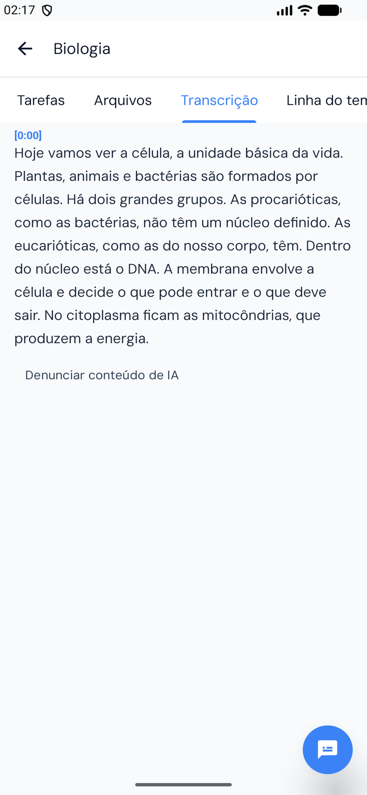 ROBI transcrevendo uma aula ao vivo no celular