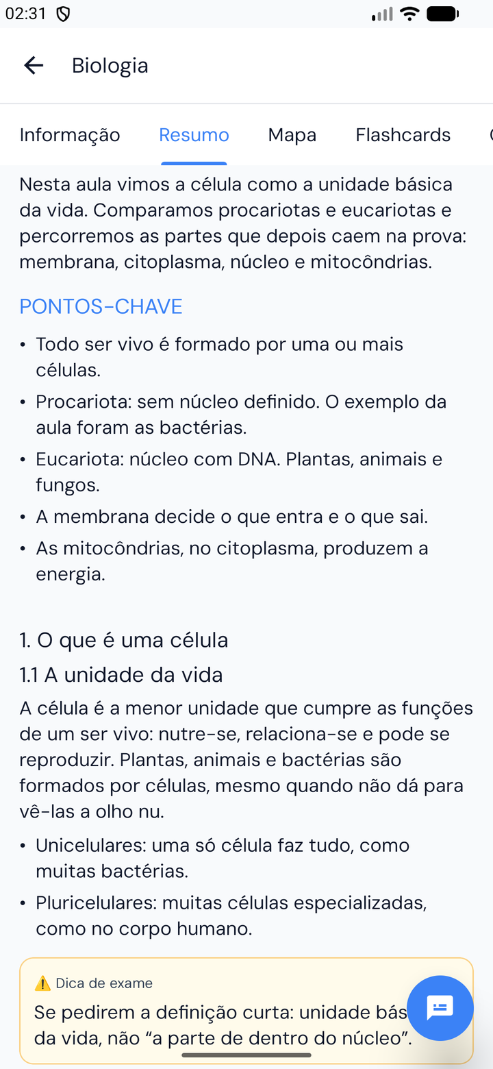 Resumo de aula no ROBI organizado por níveis e temas